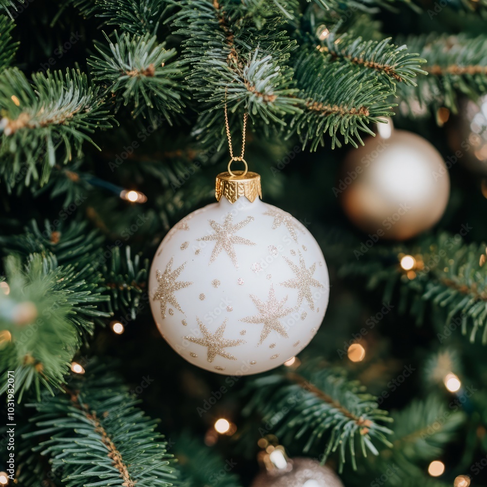 A decorative Christmas ornament hanging on a pine tree. A decorative Christmas ornament hanging on a pine tree.