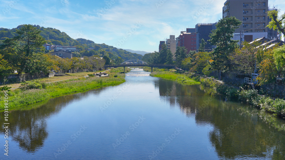 A serene view of the Kuzugawa River in Kanazawa, Ishikawa Prefecture in Japan A serene view of the Kuzugawa River in Kanazawa, Ishikawa Prefecture in Japan