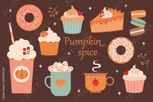 Pumpkin Spice Desserts and Drinks. A collection of pumpkin spice-themed desserts and drinks, including cupcakes, pie, donuts, and cozy mugs. Vector illustration