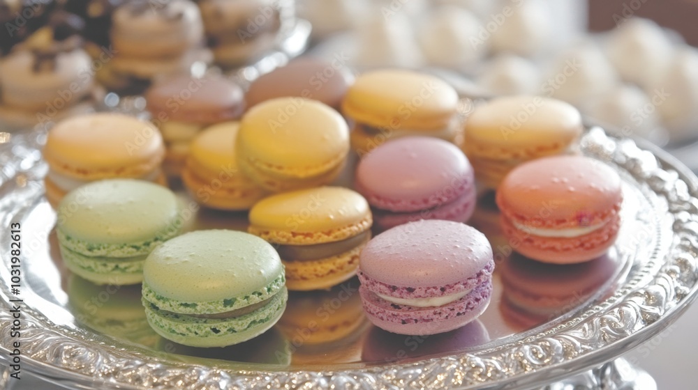 Obraz premium Colorful Macarons on Silver Tray Display