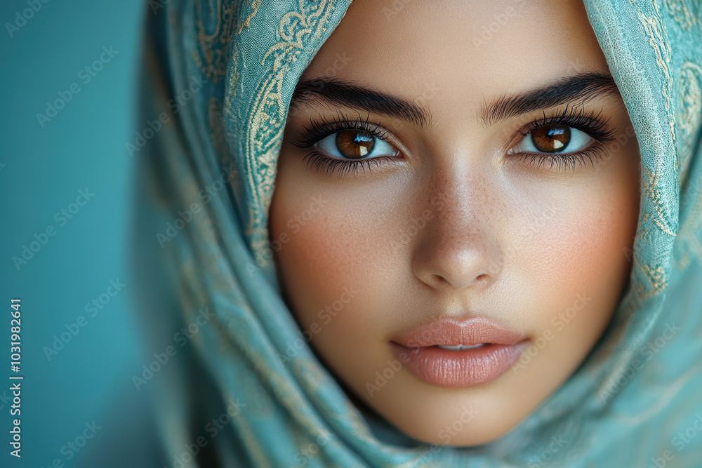 Portrait of a beautiful young woman wearing a hijab covering her face, a close-up photo portrait. Portrait of a beautiful young woman wearing a hijab covering her face, a close-up photo portrait.