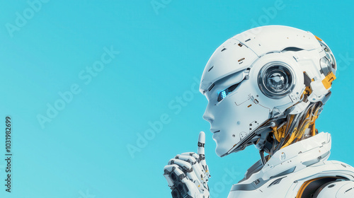 Futuristic robot with a shushing gesture against a blue backdrop