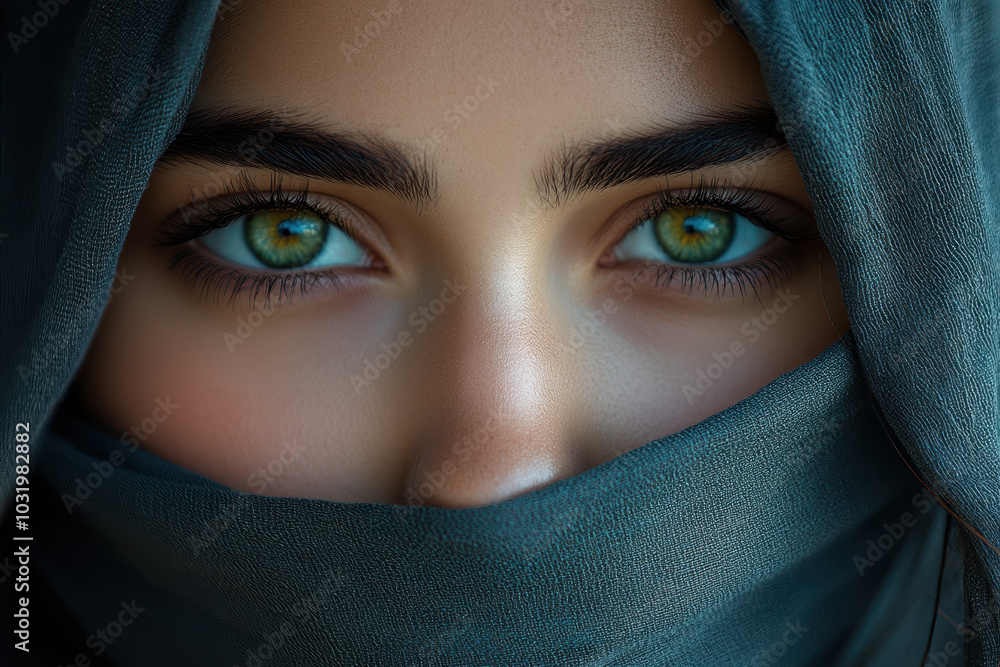 Portrait of a beautiful young woman wearing a hijab covering her face, a close-up photo portrait. Portrait of a beautiful young woman wearing a hijab covering her face, a close-up photo portrait.