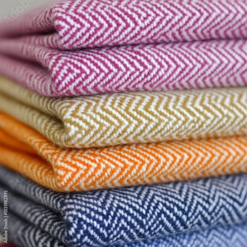 A stack of colorful herringbone-patterned fabrics neatly arranged.