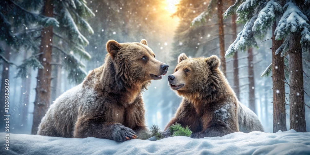 Obraz premium Two Brown Bears in a Snowy Winter Landscape, Natural Habitat, Wildlife Photography, Snowy Forest, Animal Behavior, Cold Weather, Nature Exploration, Winter Animals, Scenic View, Bear Interaction