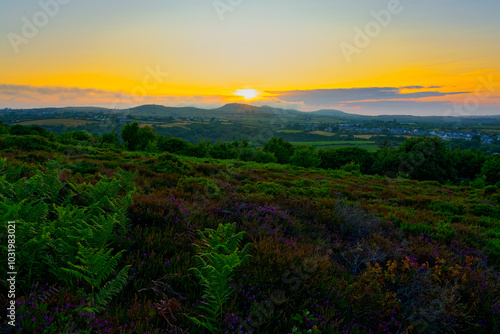 Across the Llyn Peninsula from Mynydd Tir-y-Cwmwd in Llanbedrog at sunset. photo