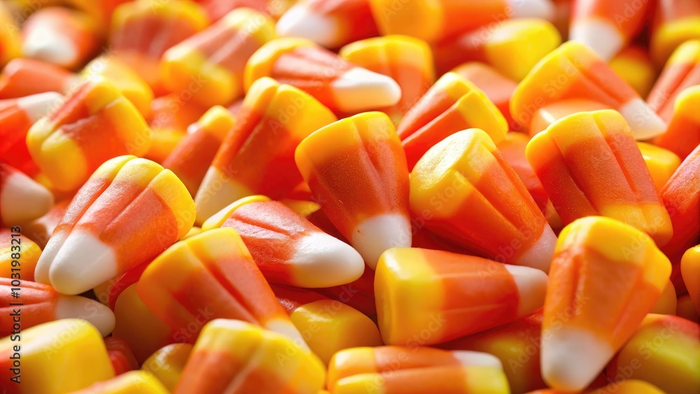 Vibrant Candy Corn Closeup in Macro Photography – A Colorful Halloween Treat, Capturing the Sweetness and Texture of Autumn Delights Vibrant Candy Corn Closeup in Macro Photography – A Colorful Halloween Treat, Capturing the Sweetness and Texture of Autumn Delights