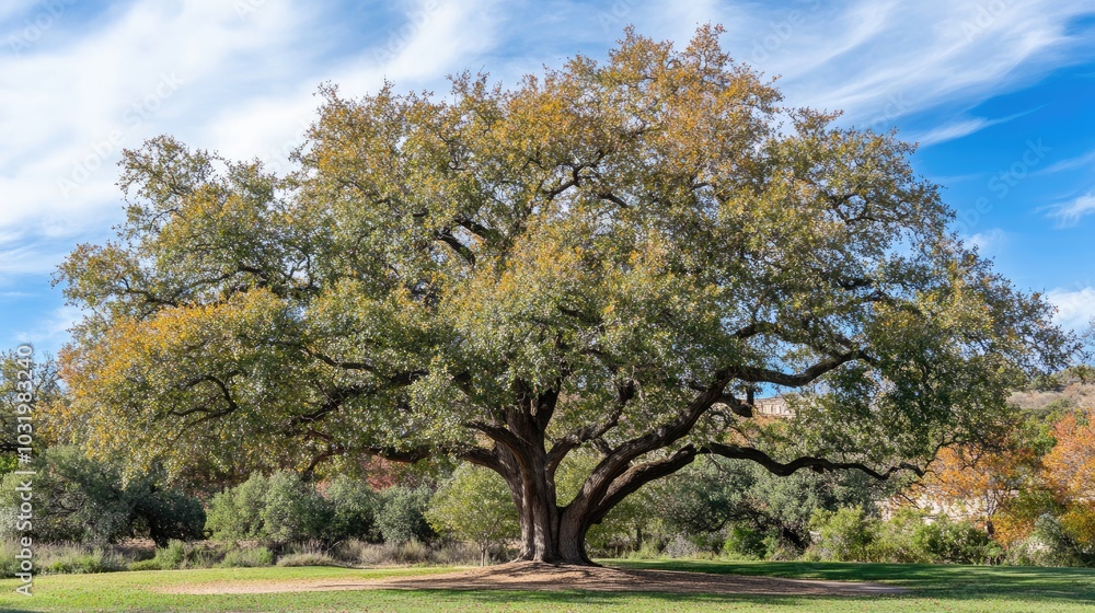 Naklejka premium Majestic Oak Tree Under Clear Blue Sky