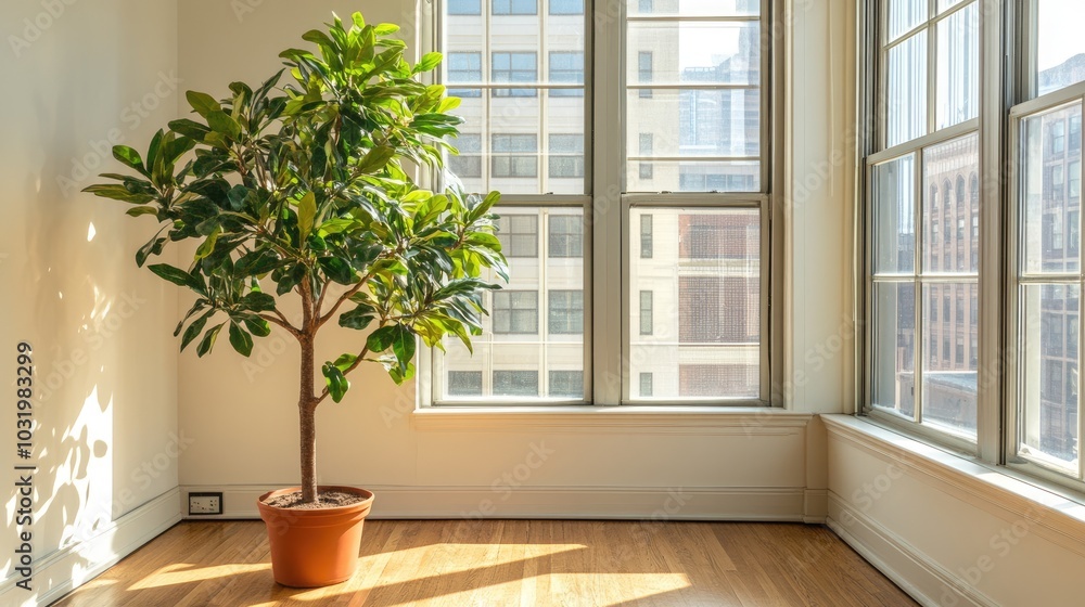 Bright Indoor Space with Potted Plant by Window Bright Indoor Space with Potted Plant by Window