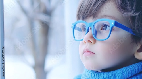 Young child wearing blue glasses focusing on distant tree outside window, symbolizing myopia prevention and importance of outdoor activities.