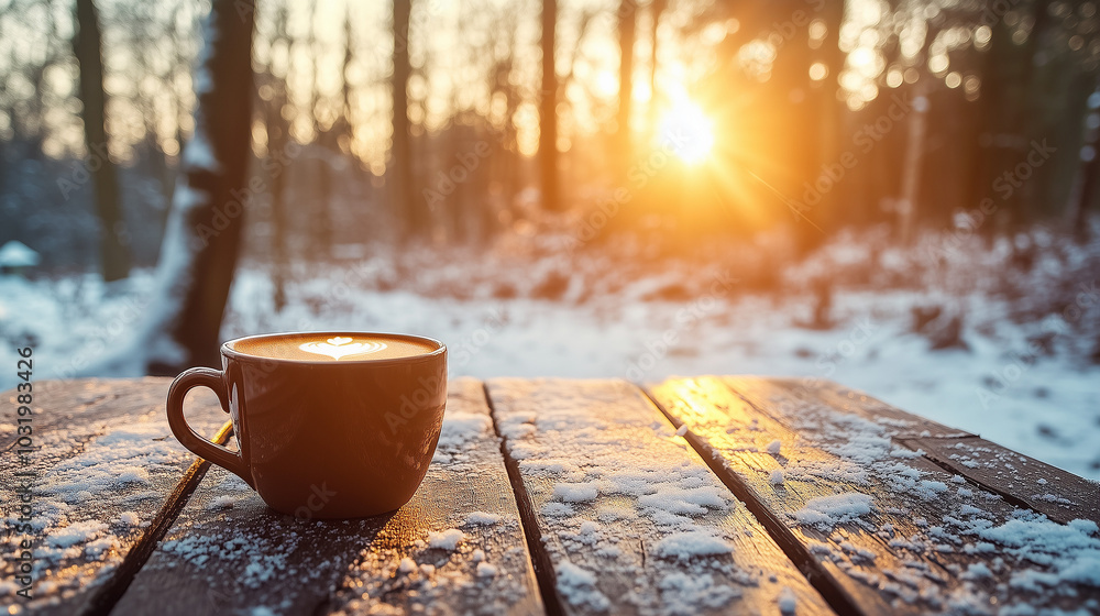 Obraz premium A cup of coffee is sitting on a wooden table in the snow. The sun is shining brightly, creating a warm and inviting atmosphere. Concept of relaxation and comfort