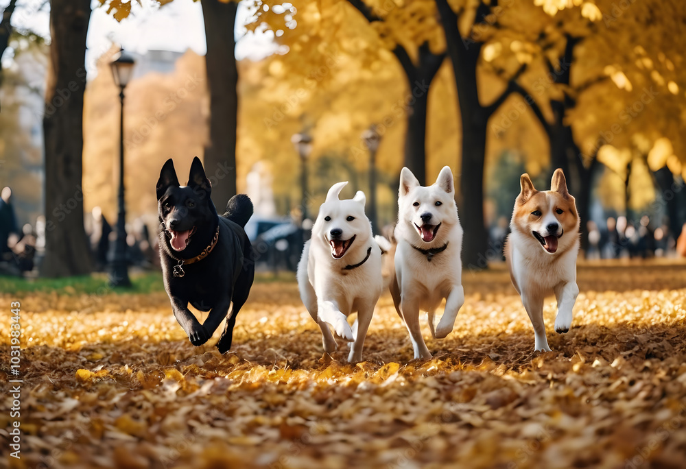 A group of playful dogs chases each other through a city park in autumn, surrounded by colorful leaves and golden light A group of playful dogs chases each other through a city park in autumn, surrounded by colorful leaves and golden light