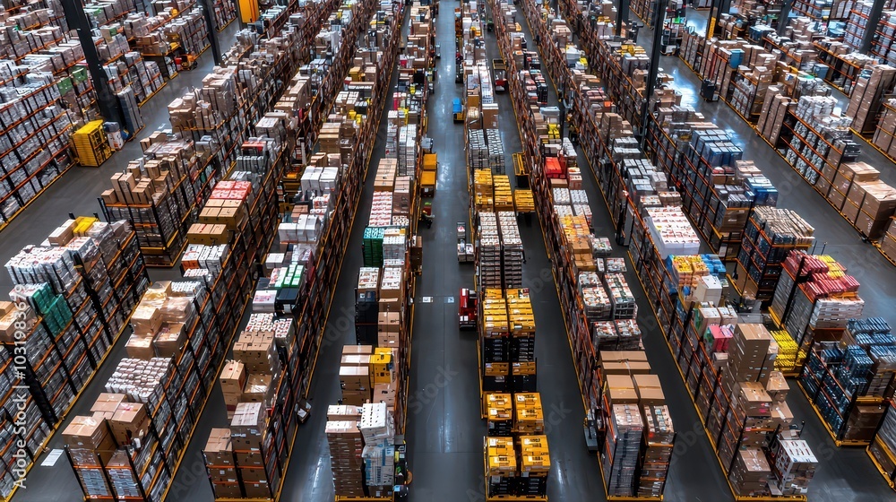 Aerial View of a Large Distribution Center Showcasing Rows of Shelves Filled with Boxes and Products Aerial View of a Large Distribution Center Showcasing Rows of Shelves Filled with Boxes and Products