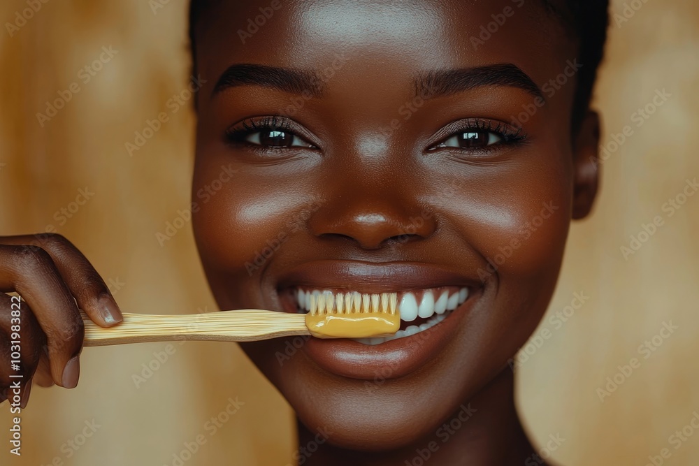 A dark-skinned woman smiles and squeezes toothpaste on an ecological wooden brush, Generative AI A dark-skinned woman smiles and squeezes toothpaste on an ecological wooden brush, Generative AI