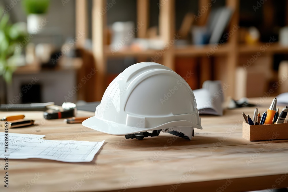 Safety helmet placed on an engineer s desk, surrounded by plans and tools, representing foresight and preparation in construction, engineering safety, readiness and planning