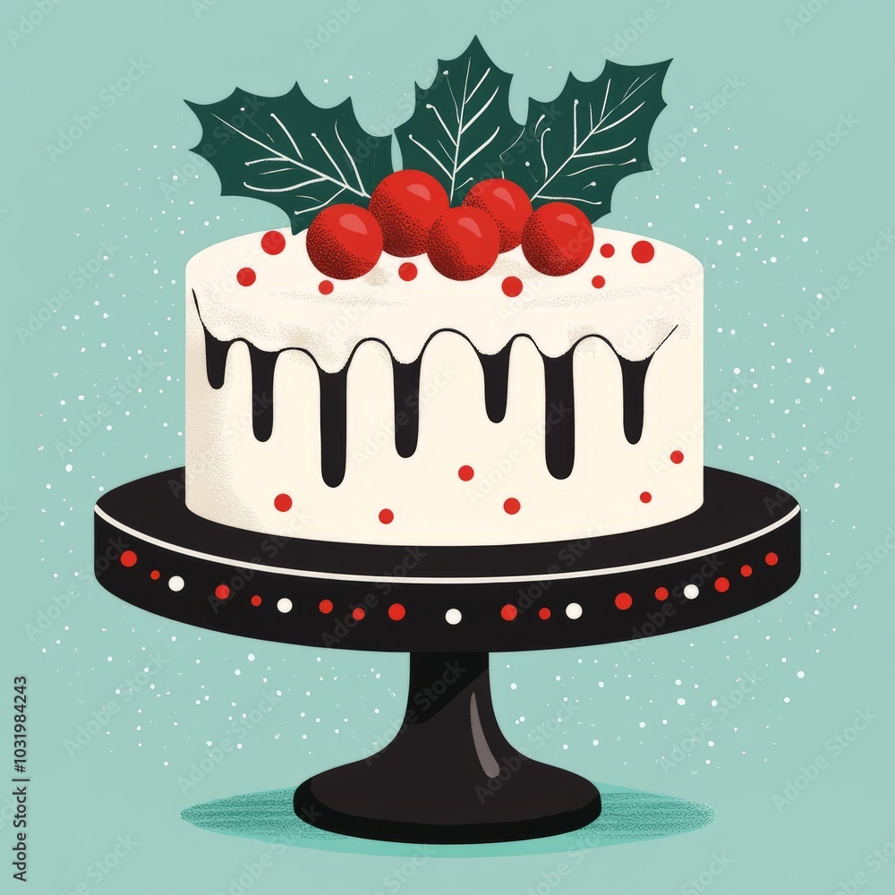 A festive cake decorated with holly and red berries on a black stand. A festive cake decorated with holly and red berries on a black stand.