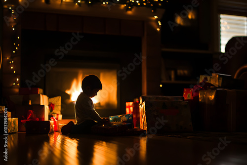 A boy sits in front of a warm fireplace, surrounded by beautifully wrapped gifts, immersed in the joy of opening presents during the festive holiday season