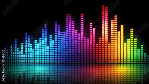 Vibrant Rainbow Pixel Dots Equalizer Design on Black Background for Music Themes