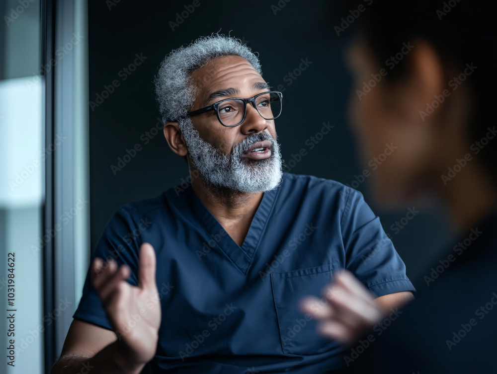 Obraz premium Portrait of a senior male doctor discussing with a patient in a professional setting