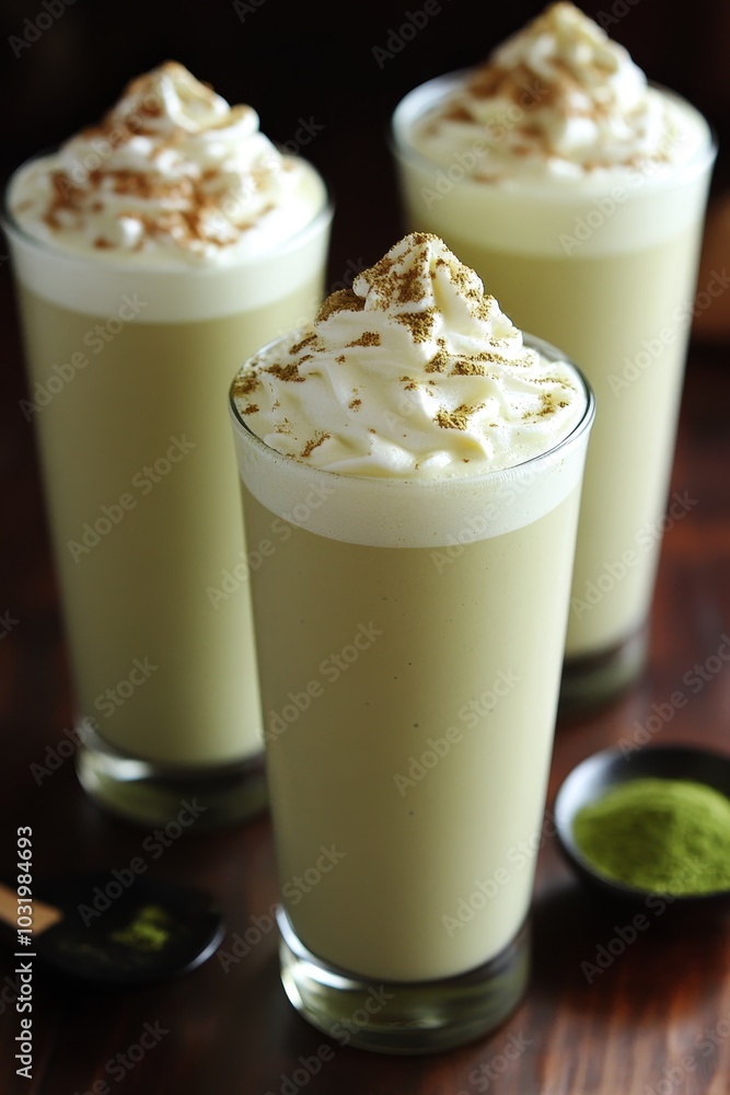 Three Tall Glasses with Matcha Latte Topped Whipped Cream and Cinnamon on Dark Wooden Table, Three Tall Glasses with Matcha Latte Topped Whipped Cream and Cinnamon on Dark Wooden Table,