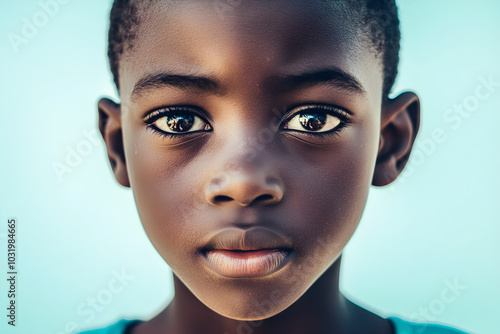 A young Black boy gazes intently at the camera, showcasing deep, expressive eyes and a calm demeanor against a minimalist blue background