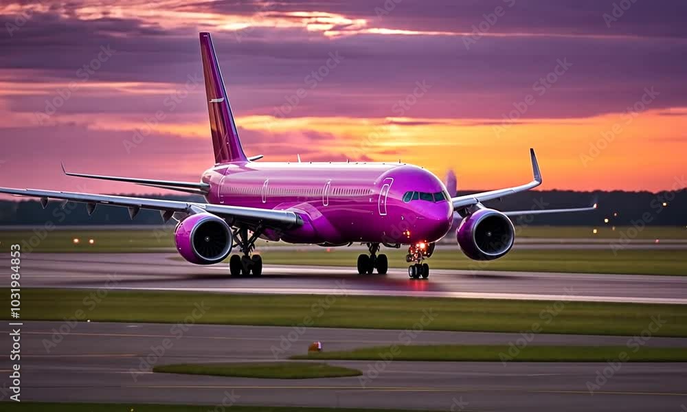 A vibrant pink airplane on a runway during a colorful sunset. A vibrant pink airplane on a runway during a colorful sunset.