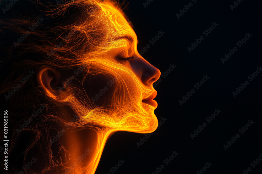 An abstract of dreamy image with a side profile of a person outlined in gold light against a black background. Concept illustration. An abstract of dreamy image with a side profile of a person outlined in gold light against a black background. Concept illustration.