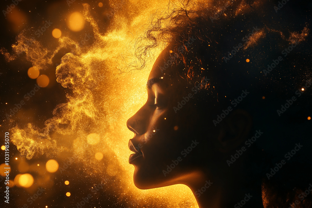 An abstract of dreamy image with a side profile of a person outlined in gold light against a black background. Concept illustration. An abstract of dreamy image with a side profile of a person outlined in gold light against a black background. Concept illustration.