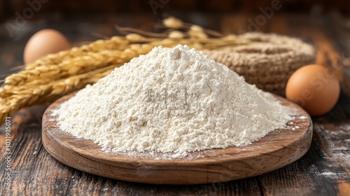 Heap of white flour on wooden board. Wheat ears, burlap sack and eggs on a wooden table.