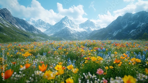 Alpine Meadow with Wildflowers and Snow-Capped Peaks - Scenic Mountain Landscape