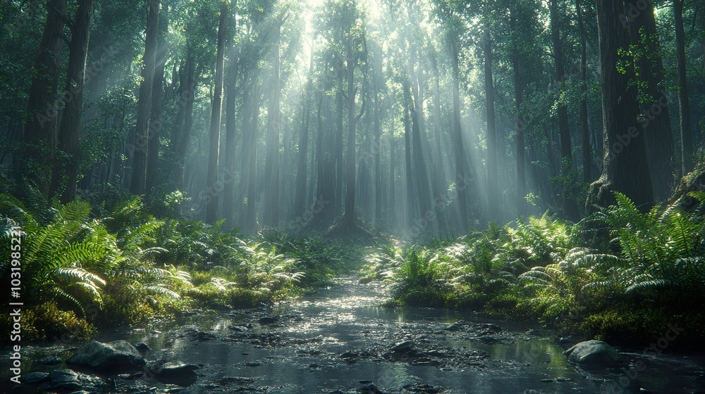 Naklejka premium Majestic Redwood Forest with Lush Ferns