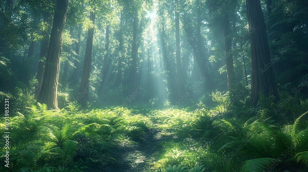 Majestic Redwood Forest with Lush Ferns Majestic Redwood Forest with Lush Ferns