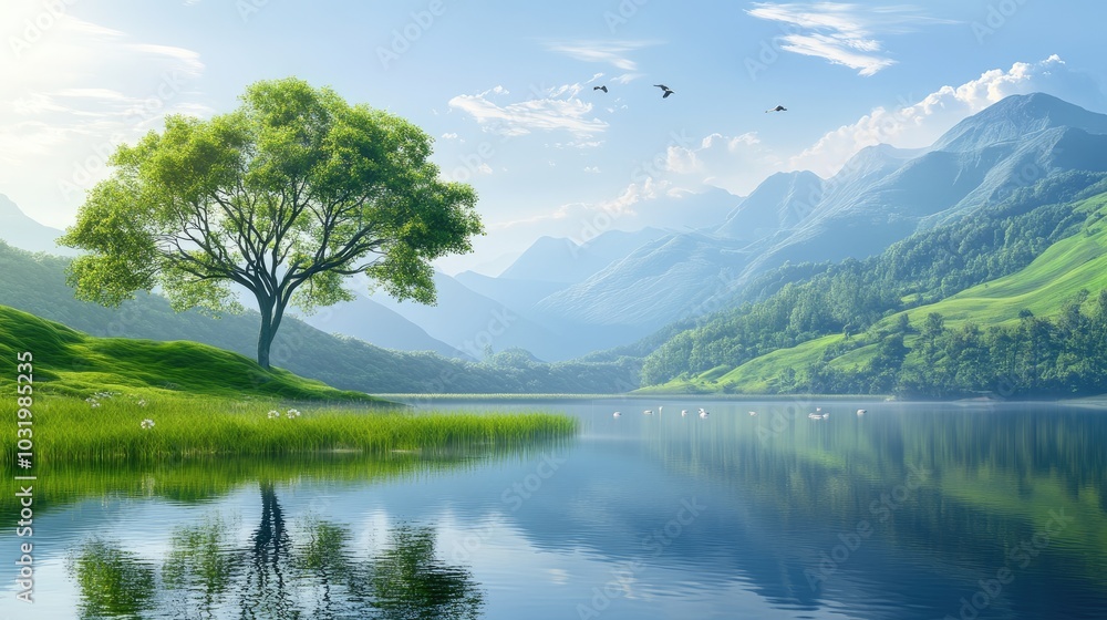 Obraz premium Serene Landscape with Tree and Mountain Reflections