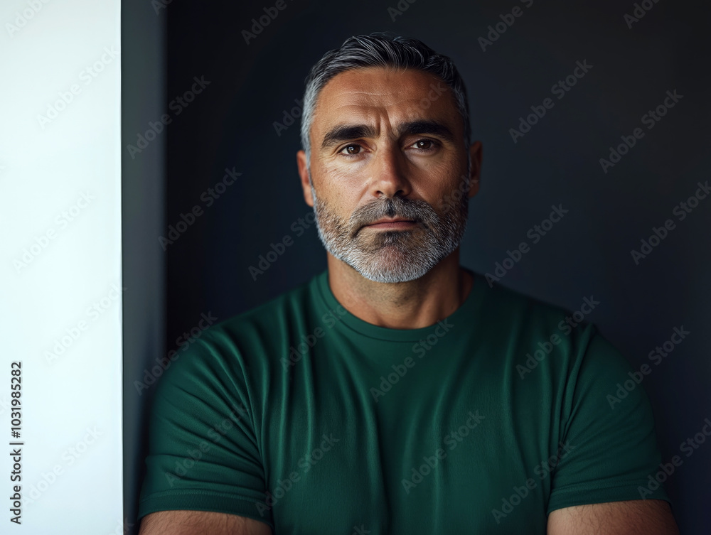 Obraz premium Portrait of a mature man with a beard and serious expression in a green t-shirt