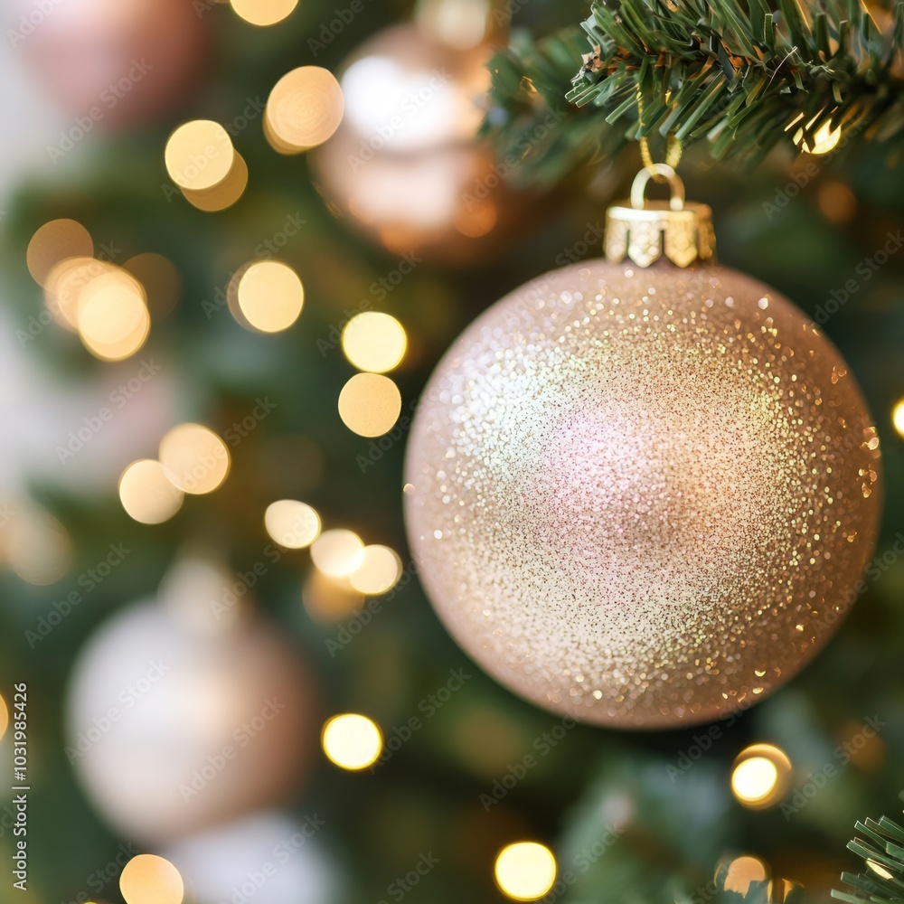 A close-up of a glittering Christmas ornament on a festive tree. A close-up of a glittering Christmas ornament on a festive tree.