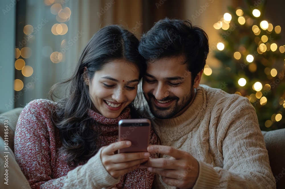 A Cheerful Indian Couple Sitting Closely On A Sofa During A Festive Season generative ai A Cheerful Indian Couple Sitting Closely On A Sofa During A Festive Season generative ai