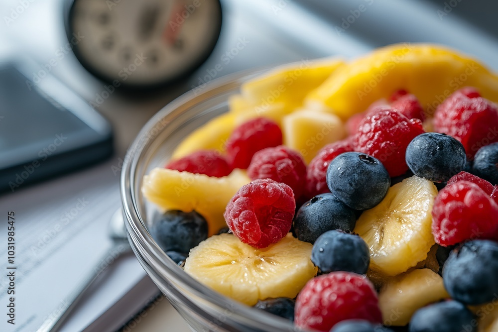Fresh Fruit Salad with Blueberries, Raspberries, and Banana Slices Fresh Fruit Salad with Blueberries, Raspberries, and Banana Slices