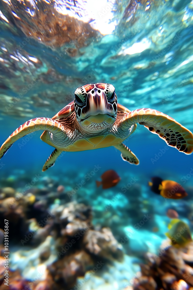 Obraz premium Turtle swimming in clear tropical waters