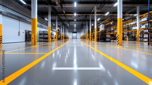 Efficient Warehouse Design with Clear Safety Markings and Optimized Layout for Maximized Productivity