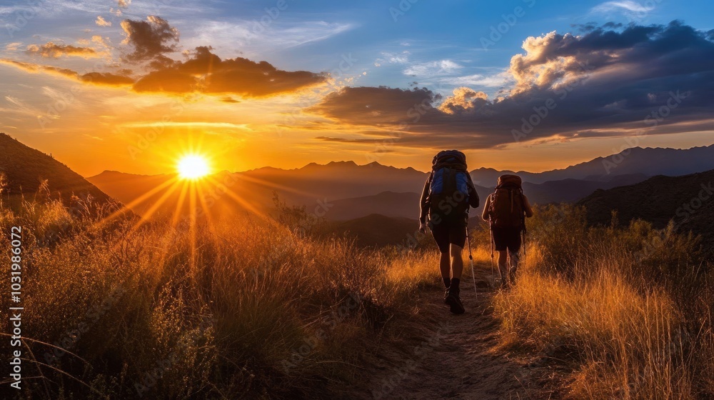 Hikers Enjoying Sunset During Outdoor Adventure Hikers Enjoying Sunset During Outdoor Adventure