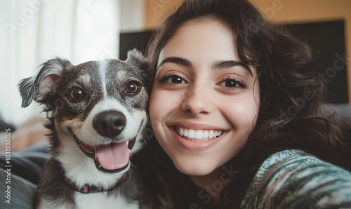 Woman is smiling and posing with her dog