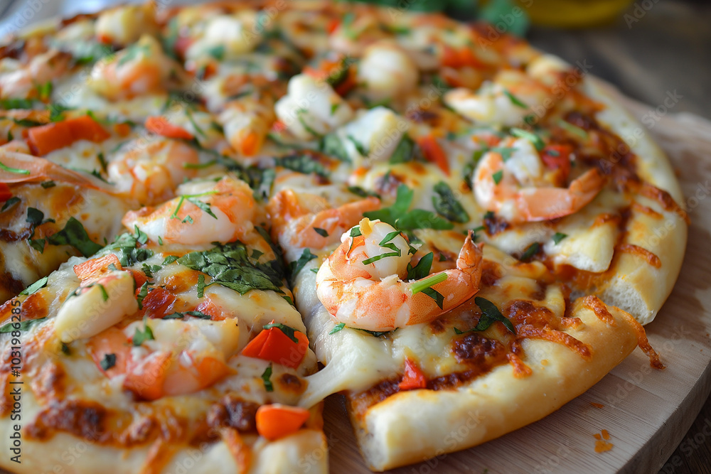 A pizza with shrimp and peppers is cut into slices A pizza with shrimp and peppers is cut into slices