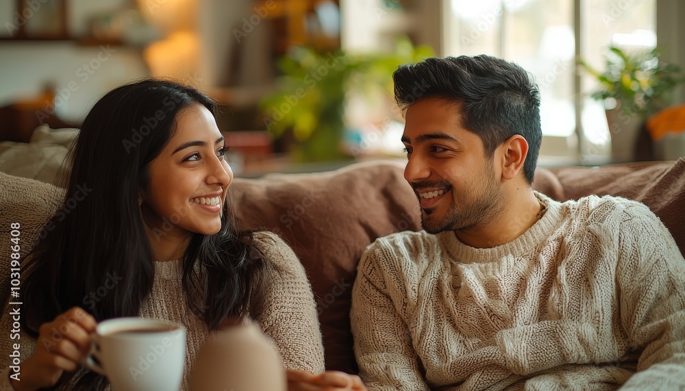 A Warm and Cozy Moment Between a Smiling Indian Couple Enjoying Coffee Together Indoors generative ai A Warm and Cozy Moment Between a Smiling Indian Couple Enjoying Coffee Together Indoors generative ai
