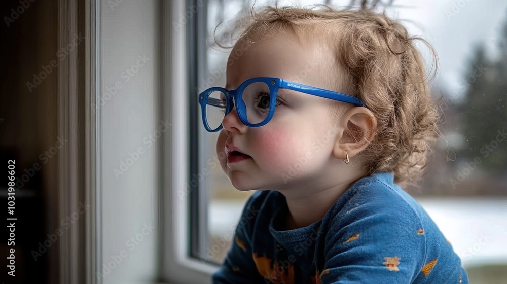 Young child wearing blue glasses focusing on distant tree outside window, symbolizing myopia prevention and importance of outdoor activities. Young child wearing blue glasses focusing on distant tree outside window, symbolizing myopia prevention and importance of outdoor activities.