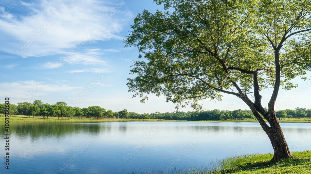 Serene Lake View with Lush Green Trees and Blue Sky Serene Lake View with Lush Green Trees and Blue Sky