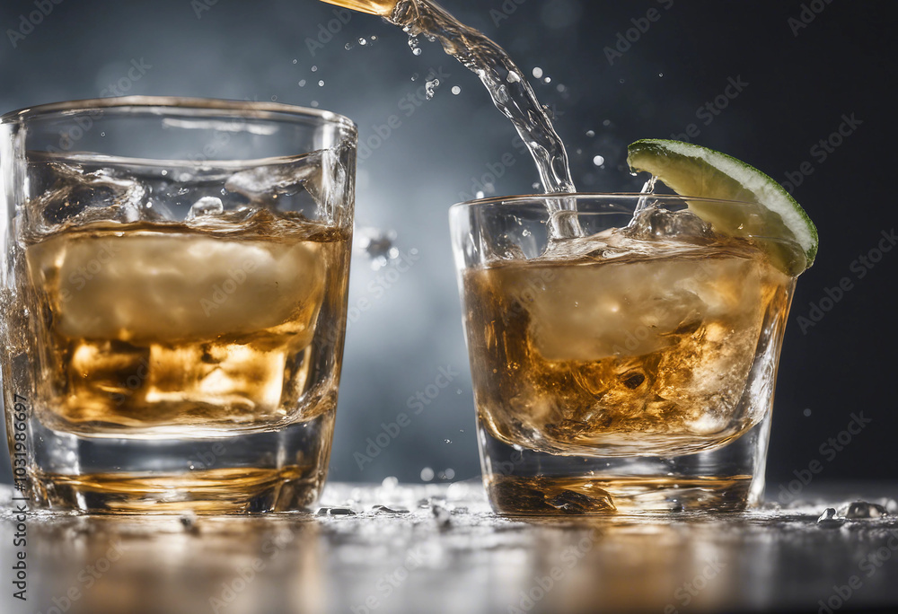 Collection of A glass shot of tequila making toast with splash isolated on a transparent background Collection of A glass shot of tequila making toast with splash isolated on a transparent background