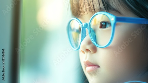 Young child wearing blue glasses focusing on distant tree outside window, symbolizing myopia prevention and importance of outdoor activities.