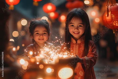 A heartwarming scene of two young girls celebrating Chinese New Year by joyfully playing with sparklers, surrounded by glowing red lanterns photo