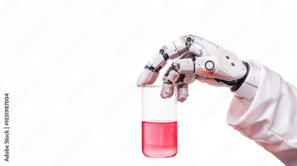 A robotic hand holds a glass beaker containing pink liquid, emphasizing the intersection of technology and scientific experimentation. A robotic hand holds a glass beaker containing pink liquid, emphasizing the intersection of technology and scientific experimentation.