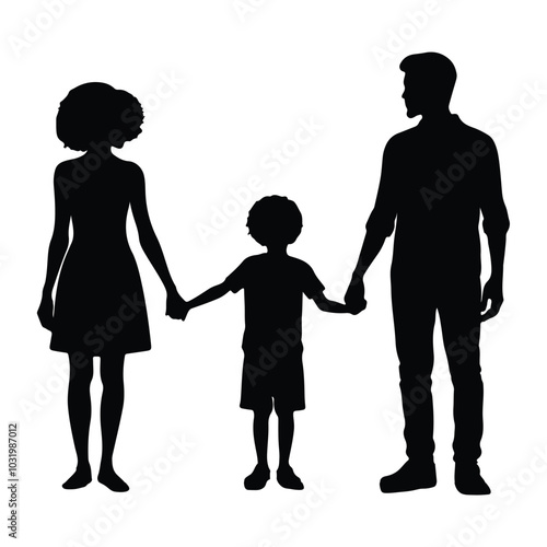 Silhouette of a black family holding handsets vector with white background